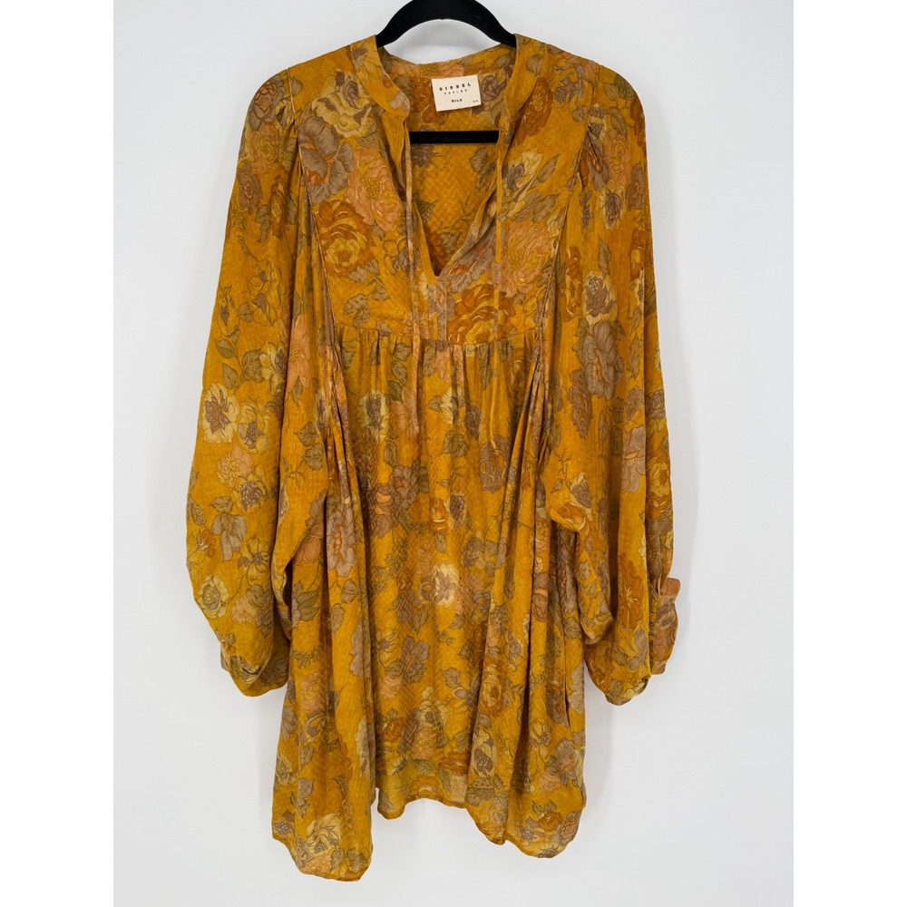 SISSEL EDELBO 100% SILK ONE SIZE MINI DRESS GOLDEN FLORAL OVERSIZED BOHO FAIRY